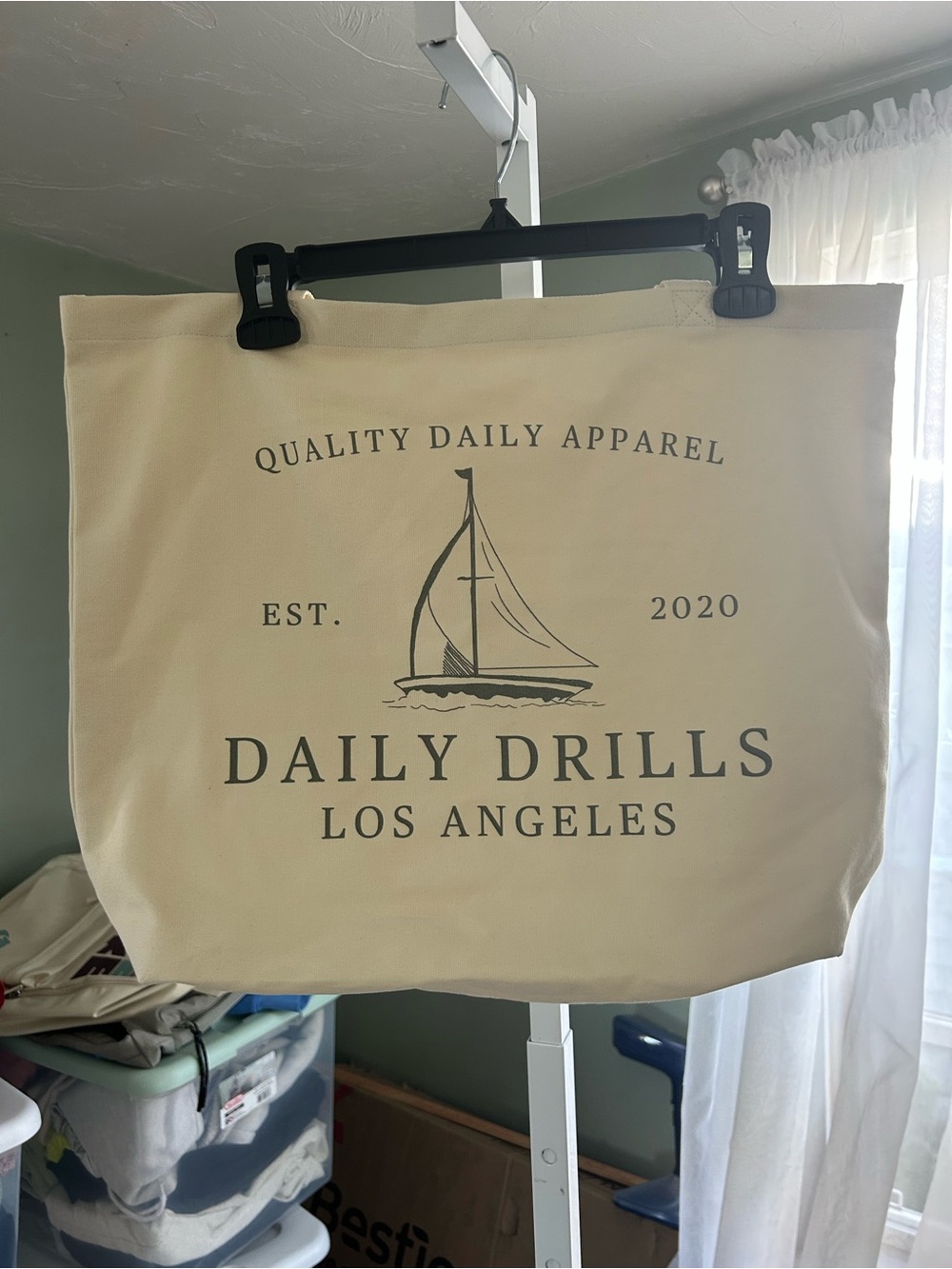 Daily Drills Cream Canvas Tote with Sailboat Graphic